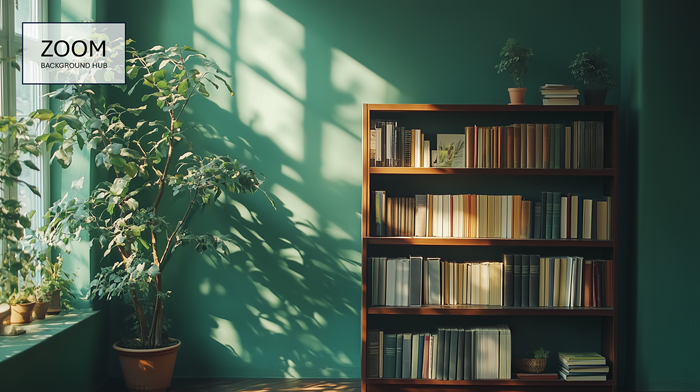 Green Wall Zoom Background - With Shelves
