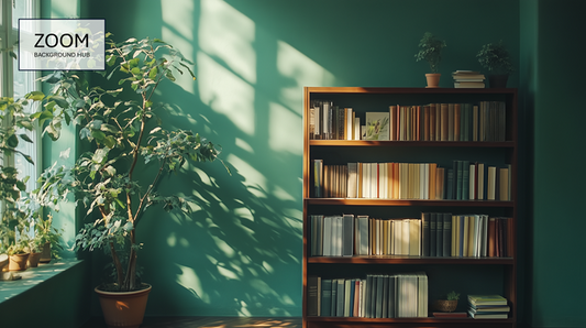 Green Wall Zoom Background - With Shelves