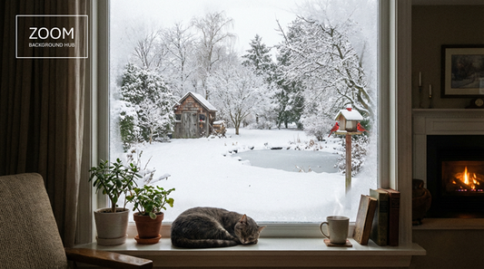 Cozy Winter Window Zoom Background - with Cat