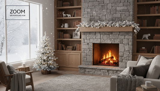 Christmas Living Room Zoom Background - Silver tree and Fireplace