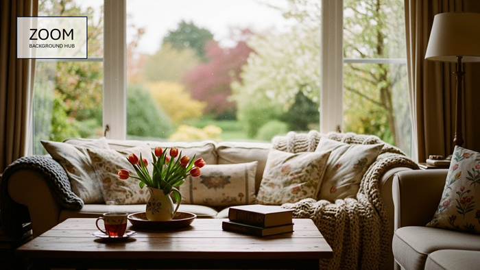 Spring Living Room Zoom Background - With Tulips