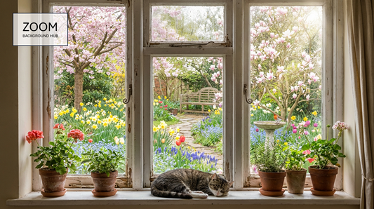 Rustic Spring Window Zoom Background - With Flower Pots