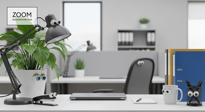 Funny Zoom Background: Office With Googly Eyes on Cup, Lamp, and Furniture