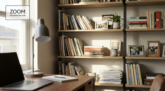 Realistic Office Zoom Virtual Background - Desk and Bookcase