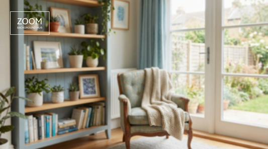 Cozy Zoom Background: Living room corner with a bookshelf, armchair, and large window