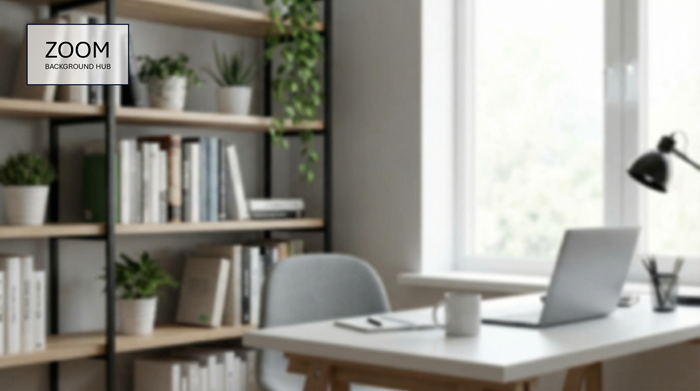 Workplace Background For Zoom - Office, desk, and shelves