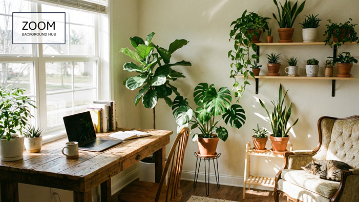 Office Background With Plants - Desk and Potted Plants