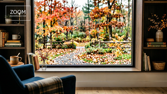 Fall Office Zoom Background - Shelves and Window