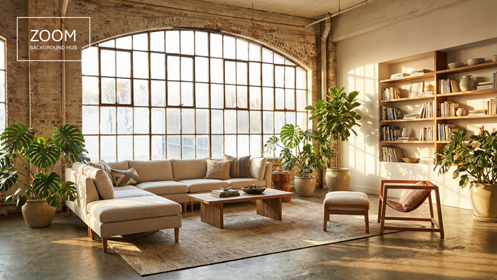 Fancy Zoom Background - Living Room With Arched Window, Couch, and Shelves