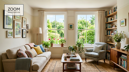 Summery Living Room Background for Zoom - With window and sofa and shelves