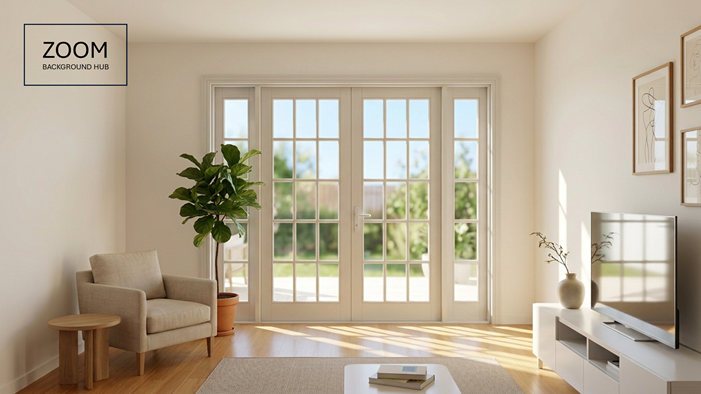 Minimalist Work From Home Virtual Background - Sunny Living Room with French Doors