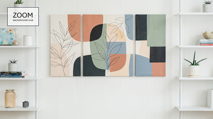 Artistic Virtual Background - White Shelves and Artwork